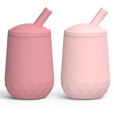 Imagem de Seposeve Pacote com 2 copos de canudo de silicone, à prova de vazamento para bebês a partir de 6 meses, copo infantil à prova de derramamento com canudo de 12 a 24 meses, fácil de segurar, controle de