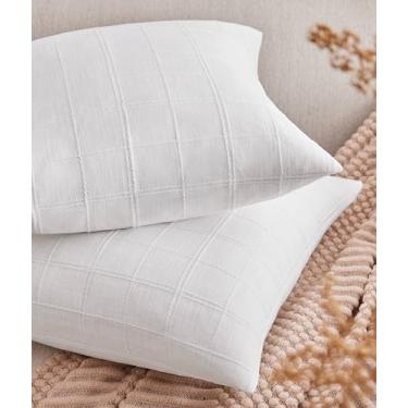 Imagem de ZeeMart Conjunto de 2 capas de almofada xadrez de linho, 40,6 x 40,6 cm em toda a grade branca, fazenda decorativa dupla face quadriculada bordada, capas de almofada de linho de algodão branco