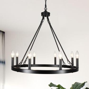 Imagem de YLCHYTDZSW Lustre preto de 8 luzes para sala de jantar Lustres de roda de vagão de 66 cm luminária de fazenda luminária de cozinha ilha luzes pendentes redondas para sala de estar, hall de entrada