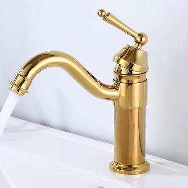 Imagem de E Torneira Misturadora De Bacia Torneira Misturadora De Alça única Água Quente Fria 360 ° Bico Giratório Torneiras Misturadoras De Pia De Banheiro 1 Furo, Gold, Short