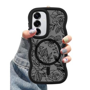Imagem de Aitipy Capa para celular compatível com MagSafe para Samsung Galaxy S24 Plus, linda linha preta ondulada, estampa floral, design magnético, capa protetora de silicone macio e TPU para mulheres e