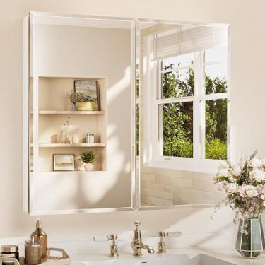 Imagem de TETOTE Armário de remédios 91 x 81 cm com espelho chanfrado temperado branco armário de espelho de banheiro armário de alumínio dobradiças DTC, prateleiras ajustáveis contínuas, embutidas/montadas na