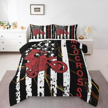 Imagem de Jogo de cama King Dirt Bike com bandeira americana, motocross, esportes radicais, estrelas das Federações dos Estados Unidos, edredom acolchoado para crianças, meninos, adultos, preto, branco e branco