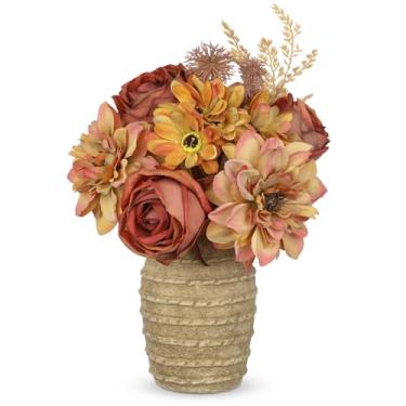 Imagem de Centro de mesa de outono flores artificiais em vaso, arranjos florais de seda rústica com rosas e dálias, decorações de mesa de fazenda para quarto, cozinha, exibição de cornija, ação de graças, mesa