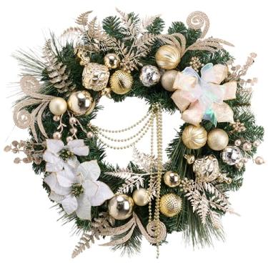 Imagem de Valery Madelyn Guirlanda de Natal pré-iluminada de 61 cm para porta da frente com luzes, grande guirlanda de Natal iluminada com bola de Natal em ouro branco para lareira, janela, mesa ao ar livre