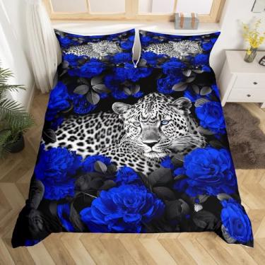 Imagem de Jogo de cama 3D com estampa de leopardo rosa azul e estampa de leopardo, capa de edredom floral botânico, animais de safári africano, conjunto de cama, novidade, gato, vida selvagem, pele de pelo e
