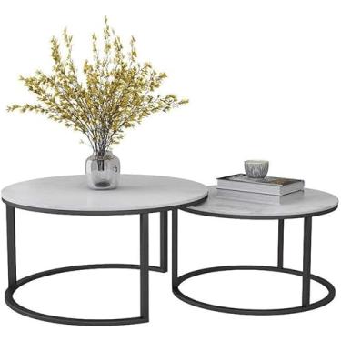 Imagem de Mesa De Café Redonda Moderna Geométrica Aninhada, Mesa Lateral Para Sala De Estar, Conjunto De 2, Tampo De Mesa Redondo De Mármore Com Base Dourada, Black