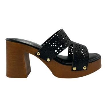 Imagem de Tamanco Tchocco Clog Feminino Salto Grosso Couro Preto Vintage Retrô 60502-Feminino