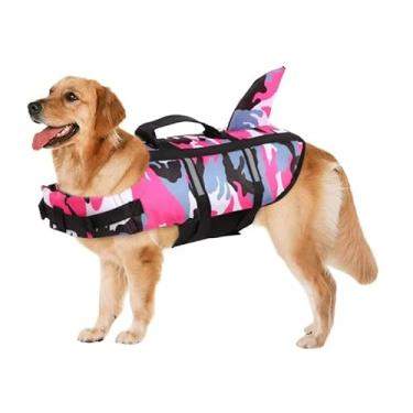 Imagem de Colete Salva-Vidas Pet com Nadadeira de Tubarão – Roupinha de Natação para Cães Camuflada, Segurança e Flutuação para Pets no Verão (Rosa, XXL)