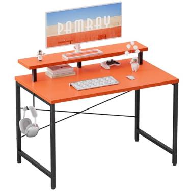 Imagem de Pamray Mesa de computador pequena de 81 cm com suporte para monitor, mesa de escritório simples com gancho de fone de ouvido para espaços pequenos, mesa de estudo infantil para quarto, laranja
