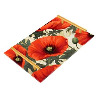 Imagem de Bandeja organizadora de bancada de banheiro com flores de papoula vermelha, organizador de vaidade de banheiro para perfume, maquiagem, balcão de cozinha, decoração de mesa de centro