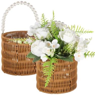 Imagem de 2 cestas de flores para meninas, cestas de vime de vime de vime com alça de pérola, 16 x 16 x 14,5 cm, cesta de armazenamento de presente de casamento para casamento, decoração de festa de aniversário