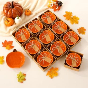 Imagem de SiliFine 12 peças de lembrancinhas de festa de Ação de Graças para convidados Mini tigela de abóbora de cerâmica de 8 cm conjunto de presente pequena tigela de molho com caixa de cartões para presente