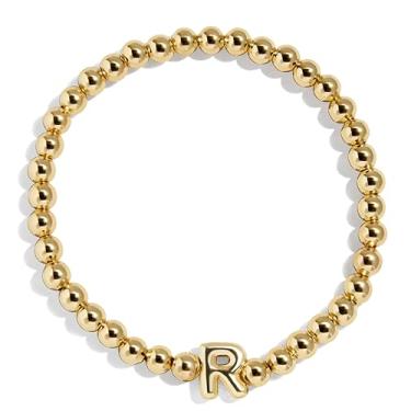 Imagem de BaubleBar Pulseira personalizada inicial Pisa, contas modernas banhadas a ouro, joias modernas, pulseira popular com letras iniciais, ajuste elástico para crianças e adultos, One Size, Latão, Sem