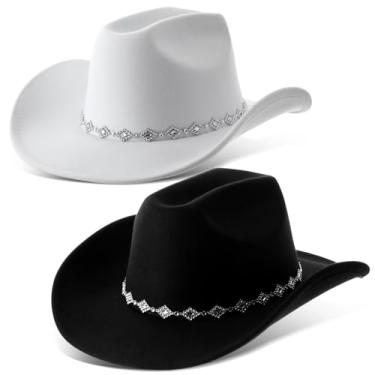 Imagem de Hercicy 2 peças de chapéu de cowboy ocidental para mulheres e homens, chapéus de vaqueira de feltro clássico de aba larga com tachas de metal para o Dia das Bruxas, preto, branco, tamanho �nico