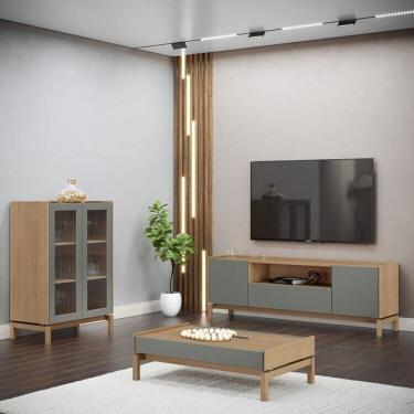 Imagem de Conjunto Barcelona com Cristaleira em Madeira Maciça, Rack e Mesa de Centro Oak/Ferrolack