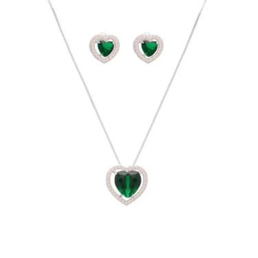 Imagem de Conjunto Colar E Brinco Coração Pedra Verde Folheado A Prata - Milena 