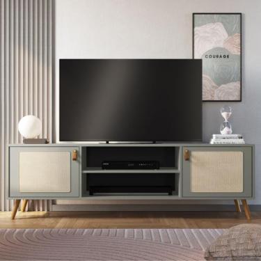 Imagem de Rack Viena Com Pés De Madeira Tela Natural e Couro 180cm - Merk Moveis