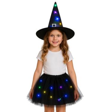 Imagem de Fantasia de Bruxa Infantil Com Chapéu LED, Saia Tutu Preta com Luzes Coloridas, Halloween, Dia Das Bruxas