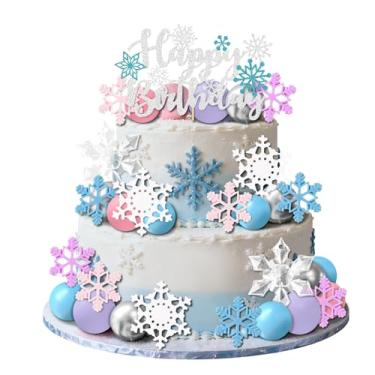 Imagem de 35 peças de topo de bolo de floco de neve suprimentos de festa de aniversário bolas azuis decoração de bolo inverno país das maravilhas suprimentos de festa lembrancinhas de chá de bebê