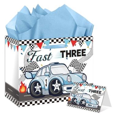 Imagem de HSKMAKE Bolsa de presente de 3º aniversário de carro de corrida grande para presente de feliz aniversário com papel de seda e cartão, decorações rápidas de aniversário de 3 anos de idade para crianças