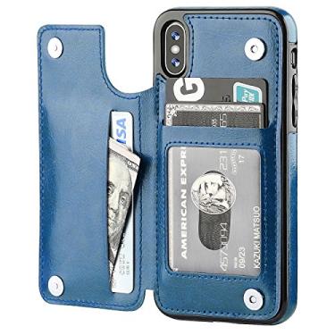 Imagem de Capa carteira para iPhone Xs iPhone X com suporte para cartão, capa OT ONETOP de couro sintético premium com compartimentos para cartões, fecho magnético duplo e capa durável à prova de choque (azul)