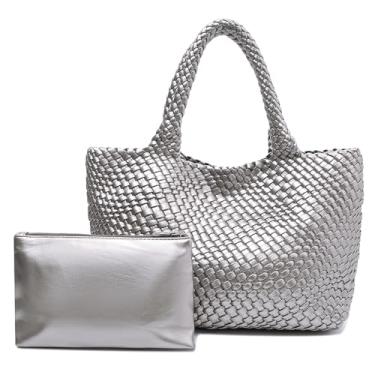 Imagem de Puxvnizo Bolsa feminina de tecido feito à mão, bolsa de ombro de couro vegano macio com bolsa, bolsa de viagem grande, Prata, Large