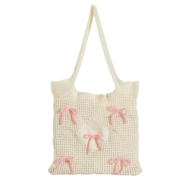 Imagem de CREATCABIN Bolsa de praia com laço rosa, crochê, malha de poliéster, malha de verão, Hobo, férias, boho, coquete estético, laço T, Laço rosa, 41 x 39cm, Laço rosa