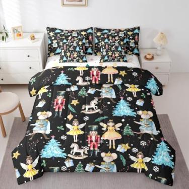 Imagem de Erosebridal Jogo de cama solteiro de Natal preto com quebra-nozes para crianças, quebra-nozes, 7 peças, bailarina sonhadora, princesa, carrossel, árvore de Natal, reversível