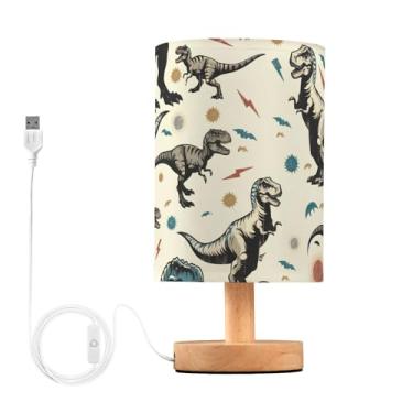 Imagem de Candeeiro de mesa de cabeceira de dinossauro para quarto de meninas e meninos com porta USB LED para criado-mudo, base de madeira, decoração de sala de estar
