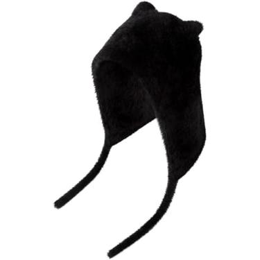 Imagem de Gorro De Orelhas De Gato Bonito Para Mulheres Com Aba De Pelúcia Earflap Gorro De Pele De Inverno Chapéus De Balde à Prova De Vento, Black & Cat Ears, One Size