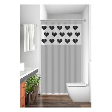Imagem de Cortina Box 1,80x2,00m Com Ganchos Pvc Antimofo Cores e Estampas Variadas (Coração Cinza)