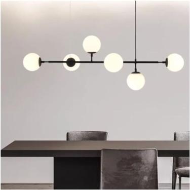 Imagem de Candeeiros suspensos modernos de 6 luzes de meados do século e preto: candeeiros pendentes lineares de vidro de leite compatíveis com ilha de cozinha, sala de jantar, sala de estar, vestíbulo, bar,