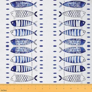 Imagem de jejeloiu Tecido Ocean Fish da The Yard Tecido de estofamento do oceano azul e branco para costura, artesanato, design de peixe náutico, à prova d'água, decoração interna e externa para projetos de