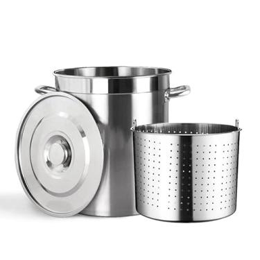 Imagem de Panela grande para cozinhar com cesta de coador - 27QT/45QT/63QT panela comercial de aço inoxidável panela de macarrão barril de fritura de peru para cozinhar tamales fumegantes caldeira de frutos do
