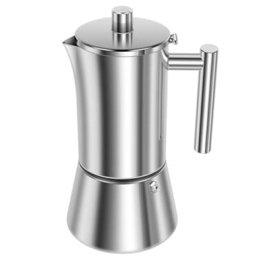 Imagem de Cafeteira de fogão de aço inoxidável, máquina de café moka antiqueimadura a vácuo 300 ml, 6 xícaras, máquina de café Moka para todos os tipos de fogões, casa e acampamento (1, prata)