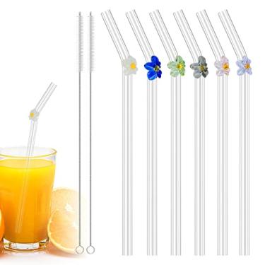 Imagem de 6 canudos reutilizáveis de vidro transparente com 2 peças de escova de limpeza, resistente ao calor, lindos canudos dobrados de flores para smoothies, chás, sucos, batidos, coquetéis (6 peças, flor)