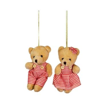 Imagem de Jogo Ursinho Decorativo Natal Casal Pelúcia Bege Roupa Vermelho Xadrez 12cm