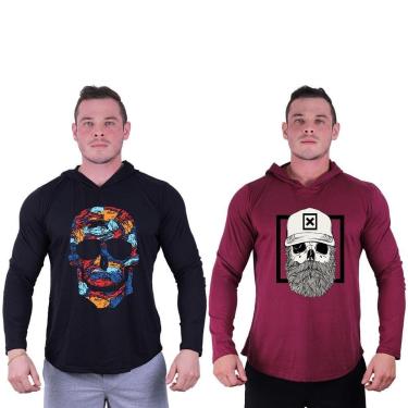 Imagem de Kit 2 Camisetas Manga Longa com Touca Longline Estampada Treino Academia Lazer Casual-Masculino