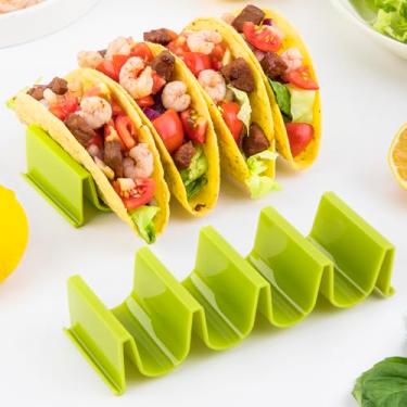 Imagem de Suporte de taco verde - pacote com 2, bandeja de taco em forma de onda para festa, comporta 4 tacos cada, pode ser lavada na lava-louças e empilhável