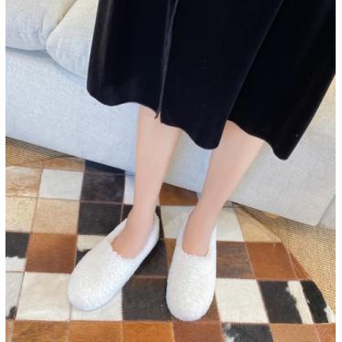 Imagem de Pantufas femininas de pele encaracolada felpuda espuma viscoelástica leves fechadas nas costas, mocassim aconchegante com forro de lã com sola de borracha para uso ao ar livre, Branco, 34