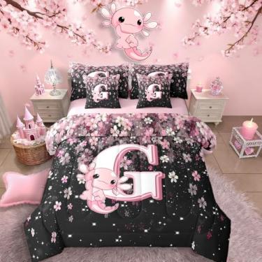 Imagem de Erosebridal Jogo de cama solteiro com letra G com letra fofa de 7 peças | Jogo de edredom fofo com axolote kawaii, para crianças, meninas, adolescentes, rosa e branco, conjunto de colcha kawaii