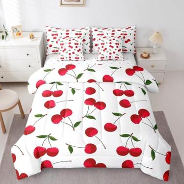 Imagem de Erosebridal Jogo de cama completo de cerejeira com desenho fofo de frutas e frutas vermelhas de verão com edredom kawaii, 7 peças