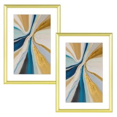 Imagem de Fkvat Conjunto de 2 porta-retratos 15 x 20 cm, moldura dourada de alumínio fino escovado com vidro HD, serve 12 x 17 cm com tapete ou 15 x 20 sem tapete, para mesa e parede, pacote com 2