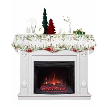 Imagem de Cachecol de cornija de Natal 178 x 43 cm, folhas de eucalipto, flor de inverno, verde, pano de lareira, capa de cornija, decoração de mesa para festas de fim de ano, sala de estar, decoração de casa