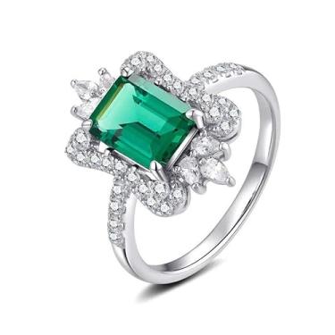 Imagem de Anéis de noivado com zircônia cúbica quadrada verde banhada a ouro branco, design de coroa, anéis de noivado, alianças de compromisso, festas noturnas, presentes de dia dos namorados, alianças de