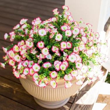 Imagem de Glória artificial da manhã e flores de eucalipto - buquê falso realista para decoração externa/interna (borda rosa)