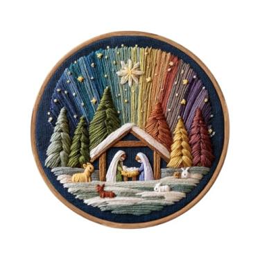 Imagem de 1 kit para iniciantes e adultos, decoração de arte de bordado de Natal, com padrão, fios de algodão, agulhas, instruções, aro de 15 cm, para decoração de casa e festival