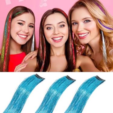 Imagem de Grampos de cabelo com tinsel de cabelo colorido 3 peças, 19,8 polegadas 1060 fios decorações de cabelo coloridas acessórios de grampos de cabelo (pacote com 3, azul celeste#)