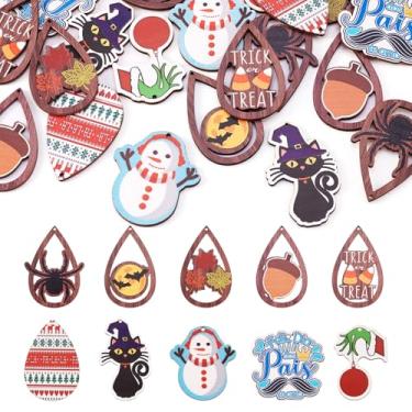 Imagem de Elecrelive 20 peças de pingentes de madeira impressos, enfeites de Natal de Halloween, lágrima, brincos de madeira, espaços em branco para chaveiro, brinco e bijuteria